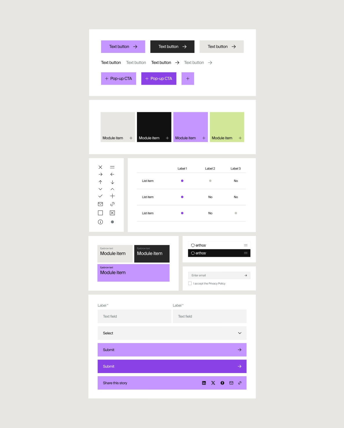 layout of all module types on the website