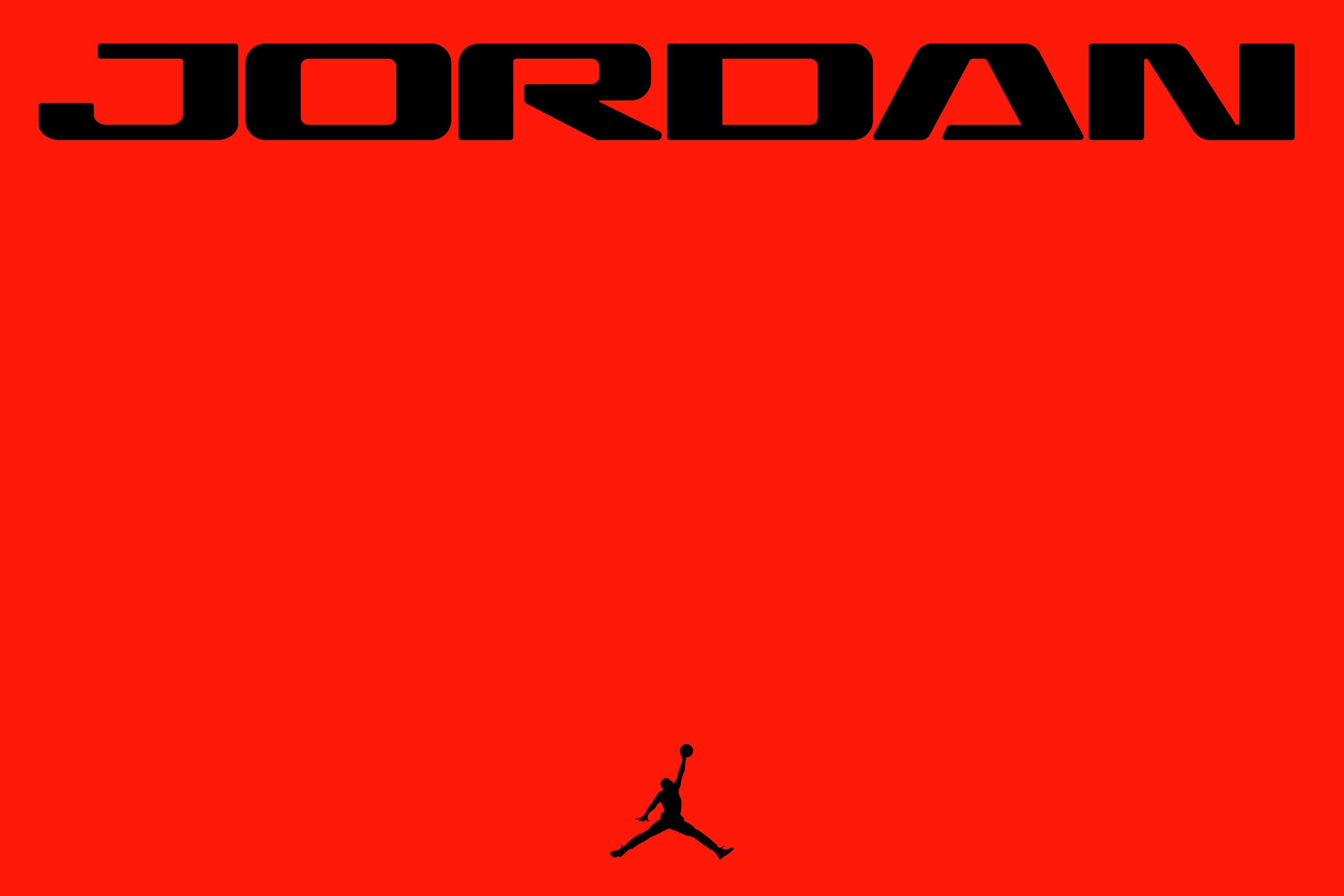 Black Jordan wordmark and Jumpman logo on a bright red background, landscape format