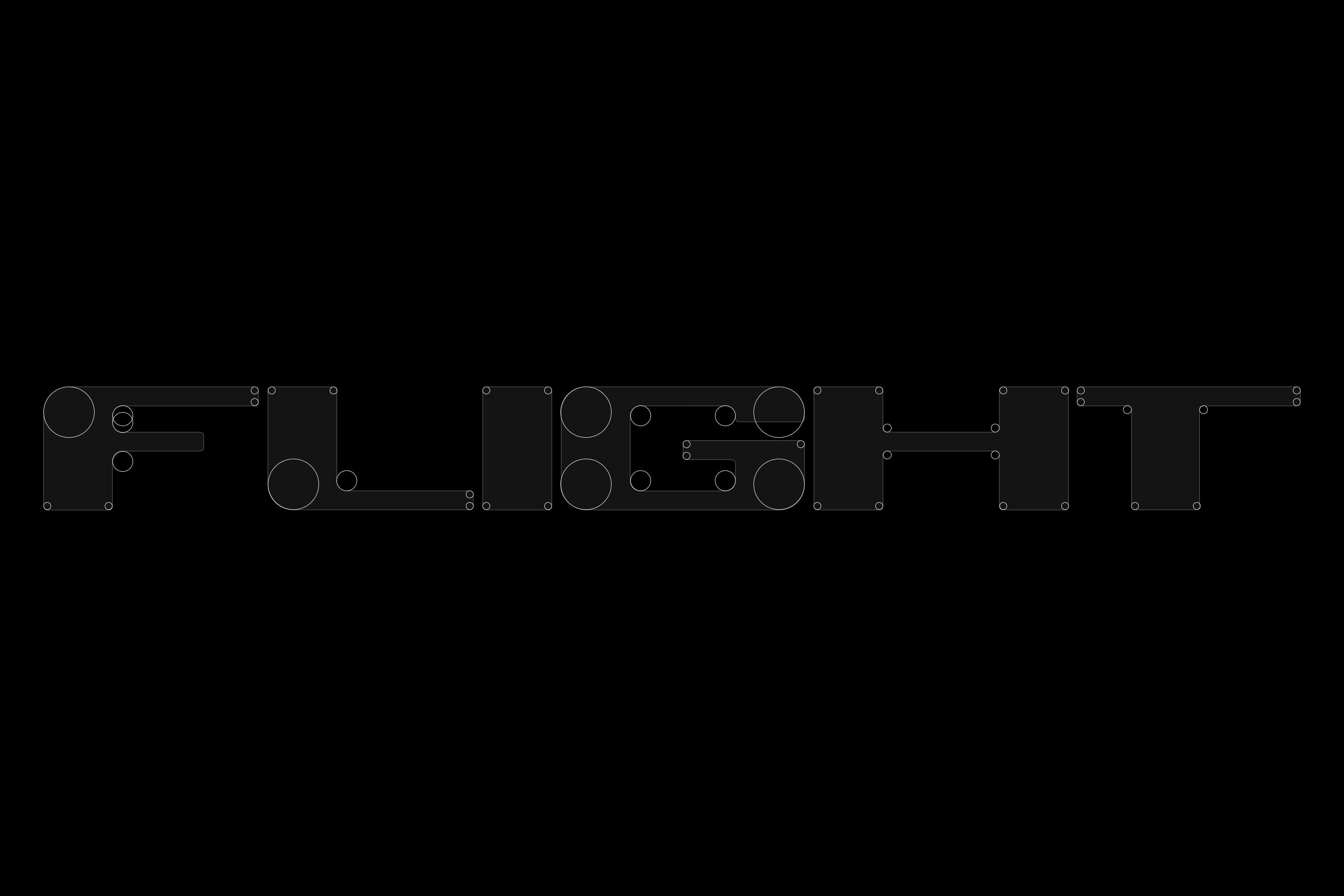 Black background diagram showing geometric construction of the word "Flight" using circles and rectangles as guide shapes