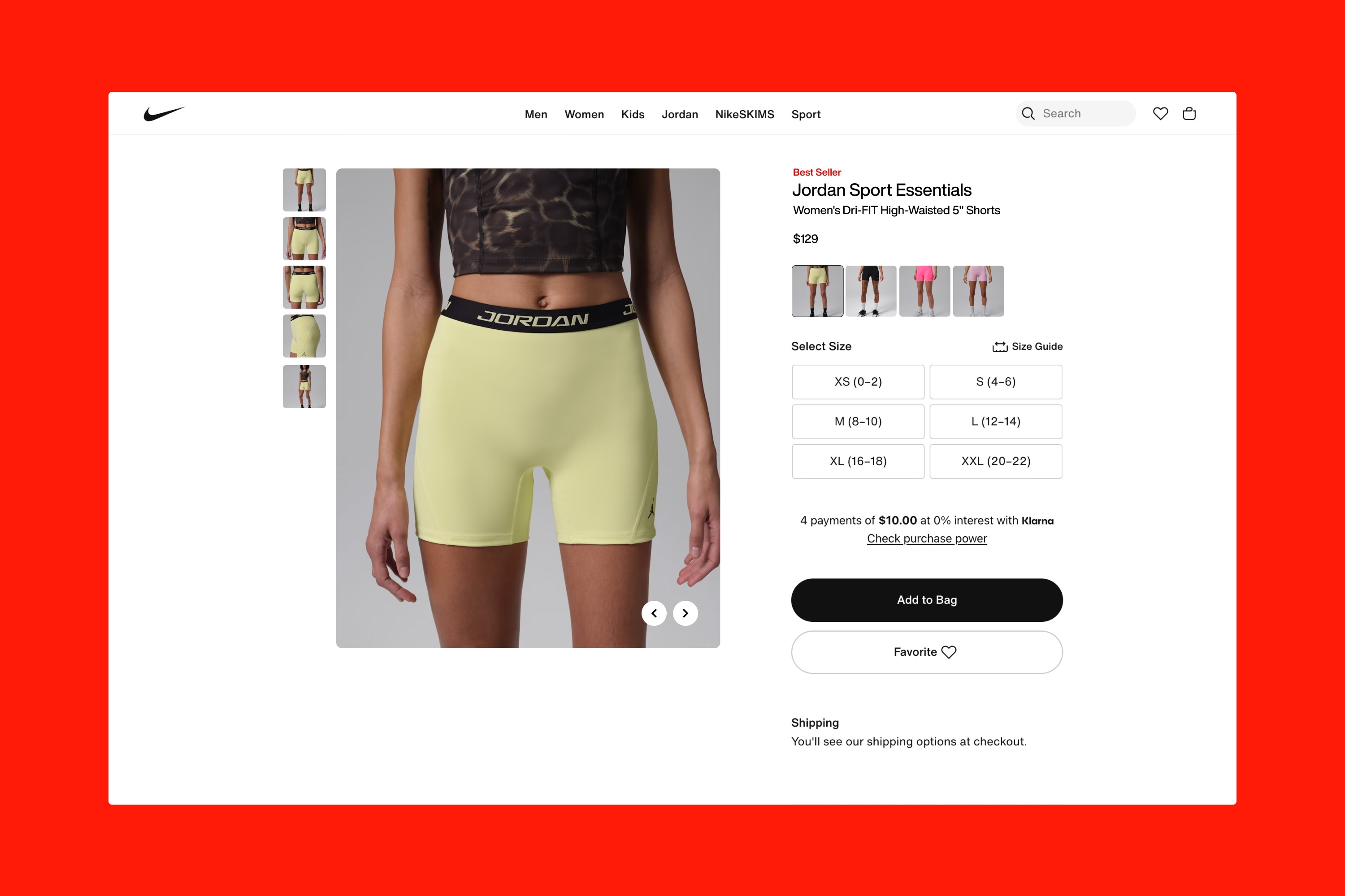 Nike.com product page for yellow Jordan Sport Essentials women's high-waisted shorts, priced at $129