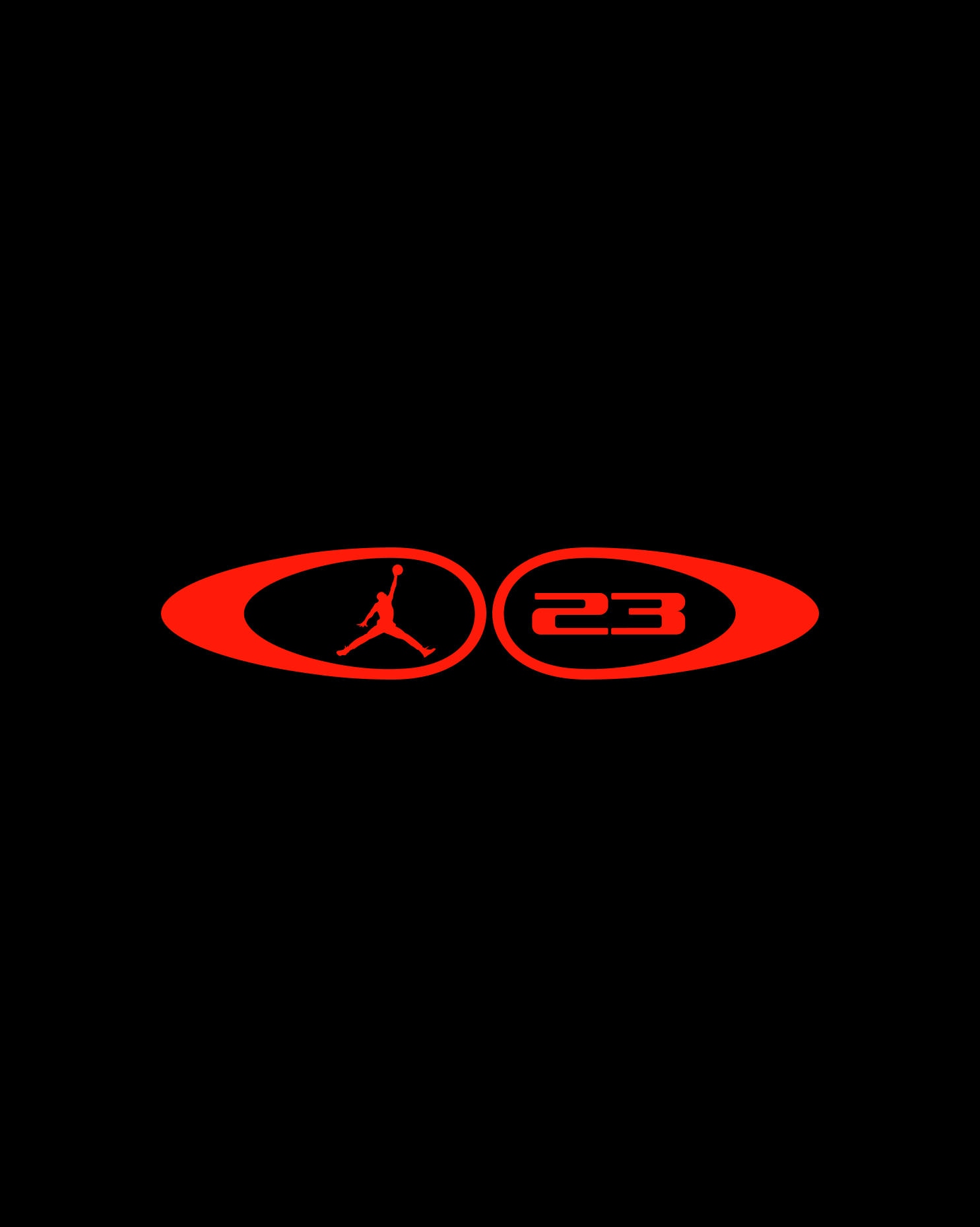 Two red oval emblems on black background, one containing the Jumpman logo, the other containing "23"