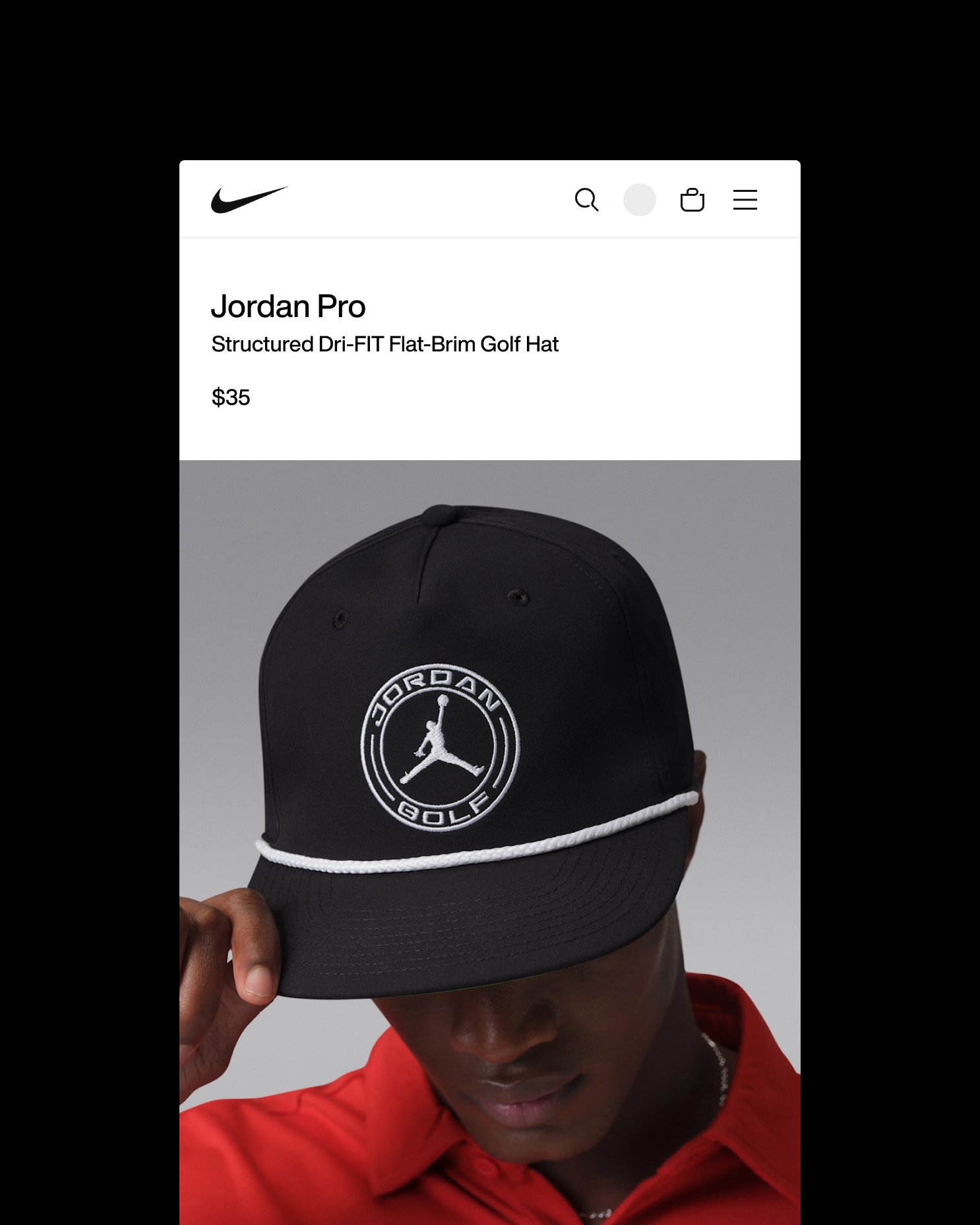 Nike.com product page for black Jordan Pro structured golf hat with Jumpman crest, priced at $35, modeled with red polo