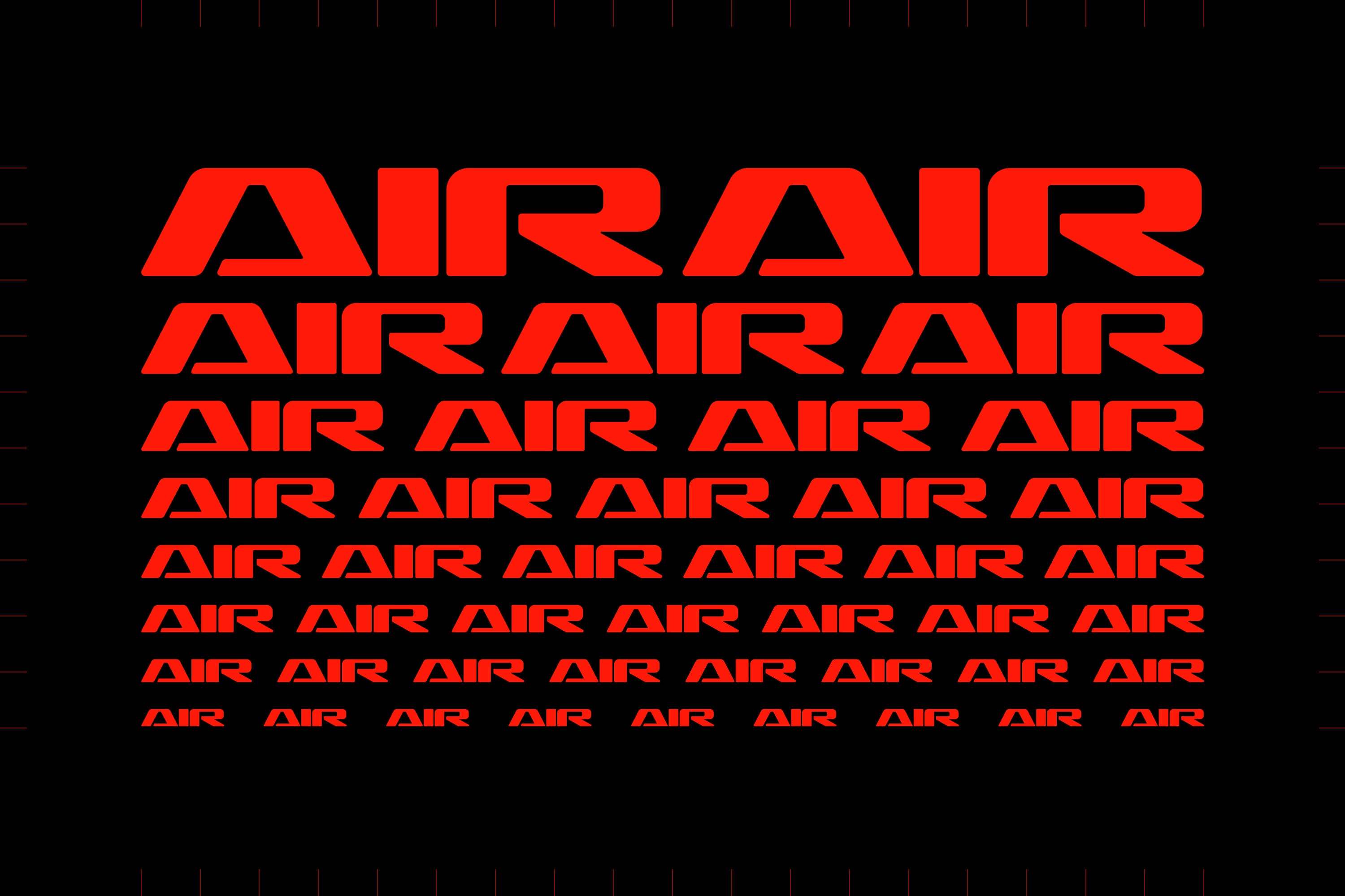 Repeating red "AIR" wordmark in descending scale on black background, grid pattern study