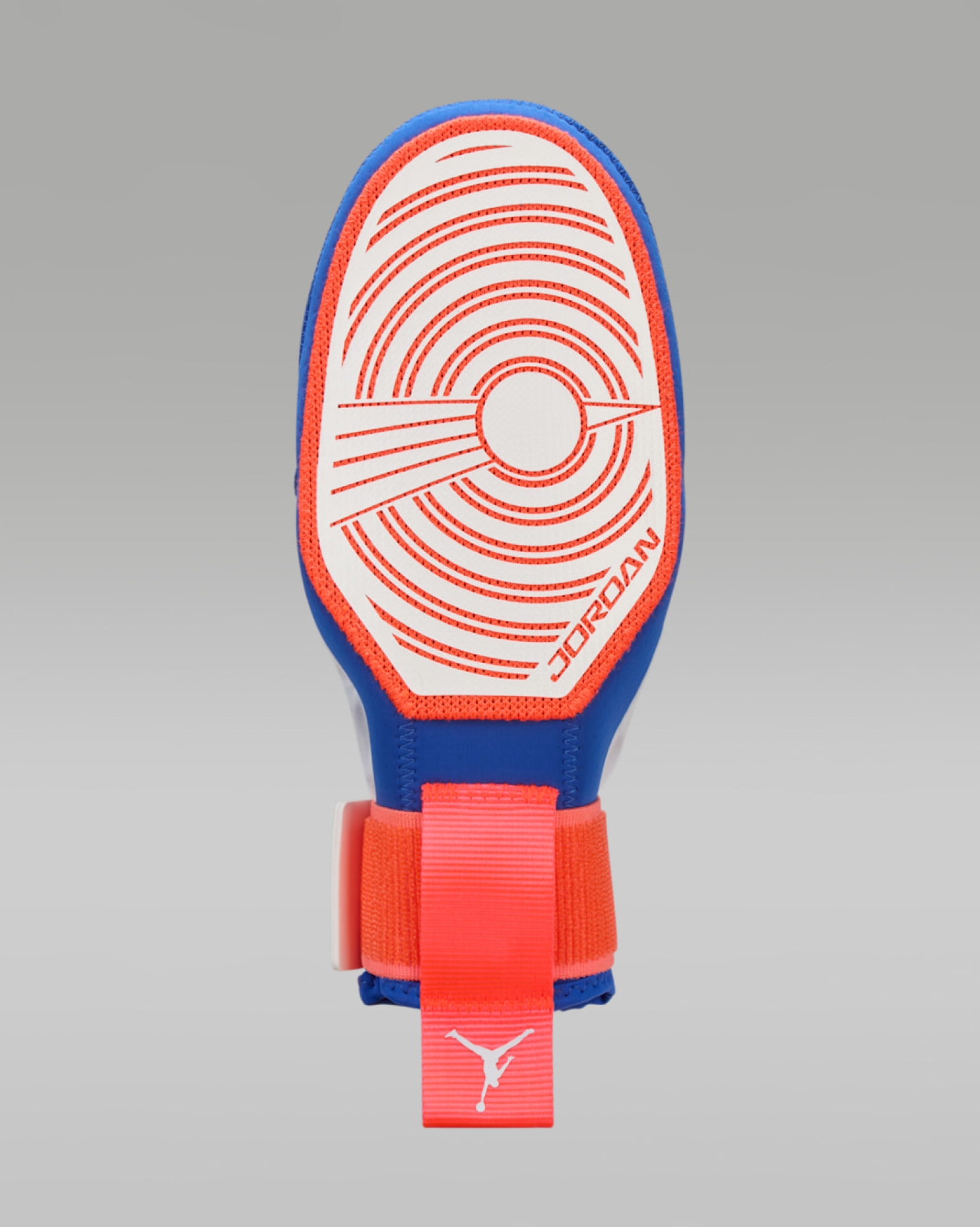 Blue, orange, and white baseball sliding mitt with signature Jordan outsole radial tread pattern and Jordan wordmark