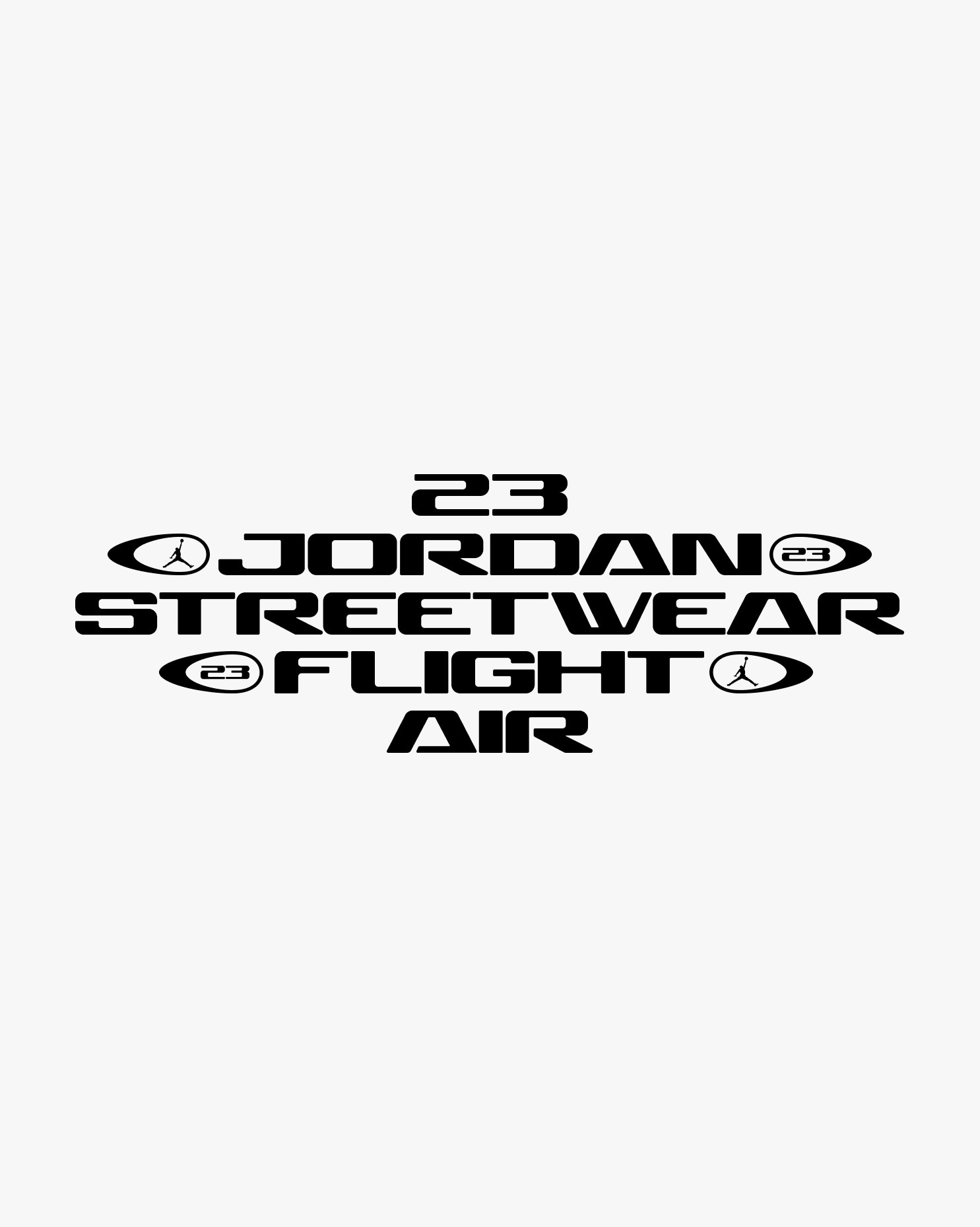 Stacked black typographic lockup on white background reading "23 Jordan Streetwear Flight Air" with oval Jumpman and 23 emblems