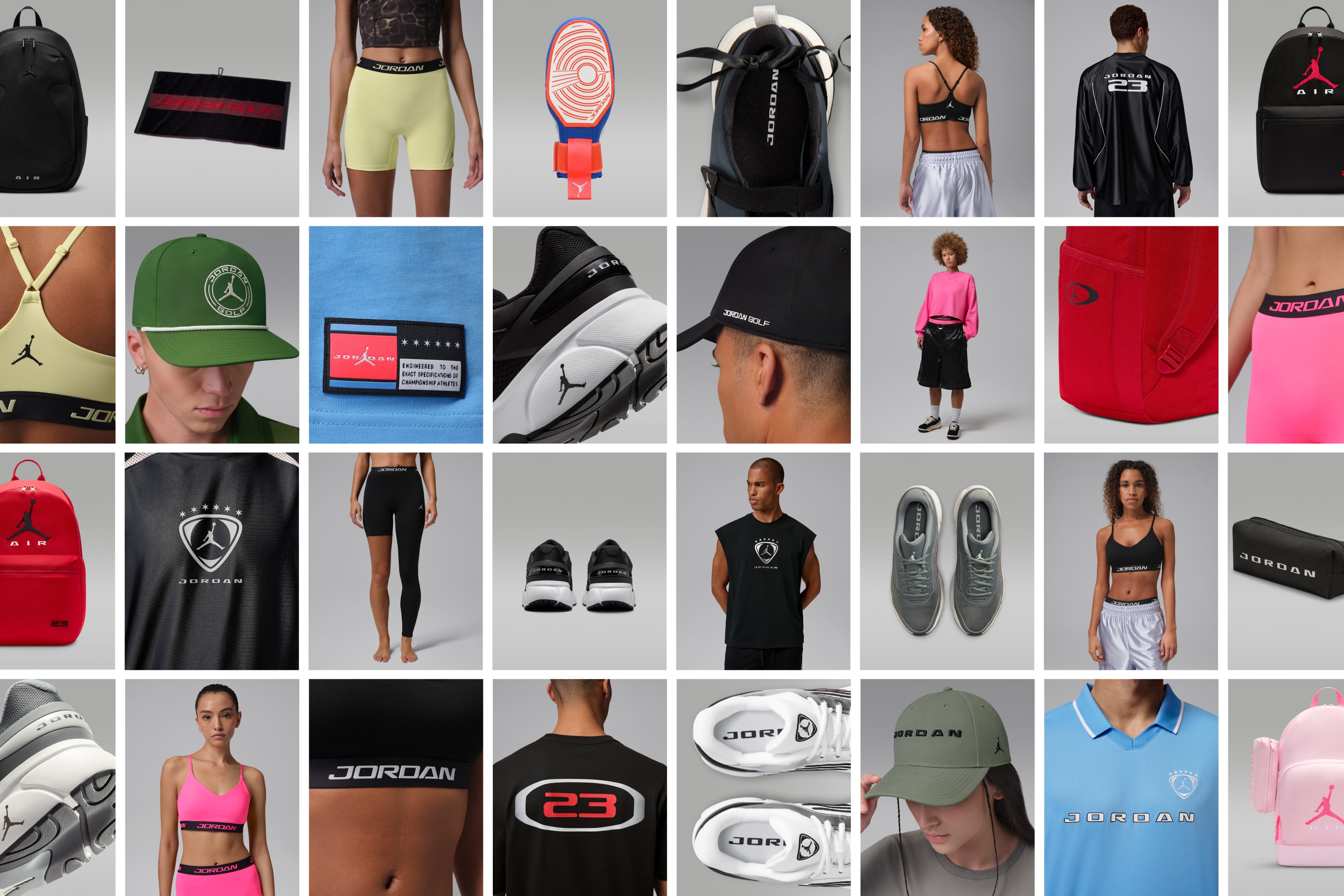 Grid of 28 product photography details spanning apparel, footwear, bags, and accessories across the Jordan Sport 2026 line
