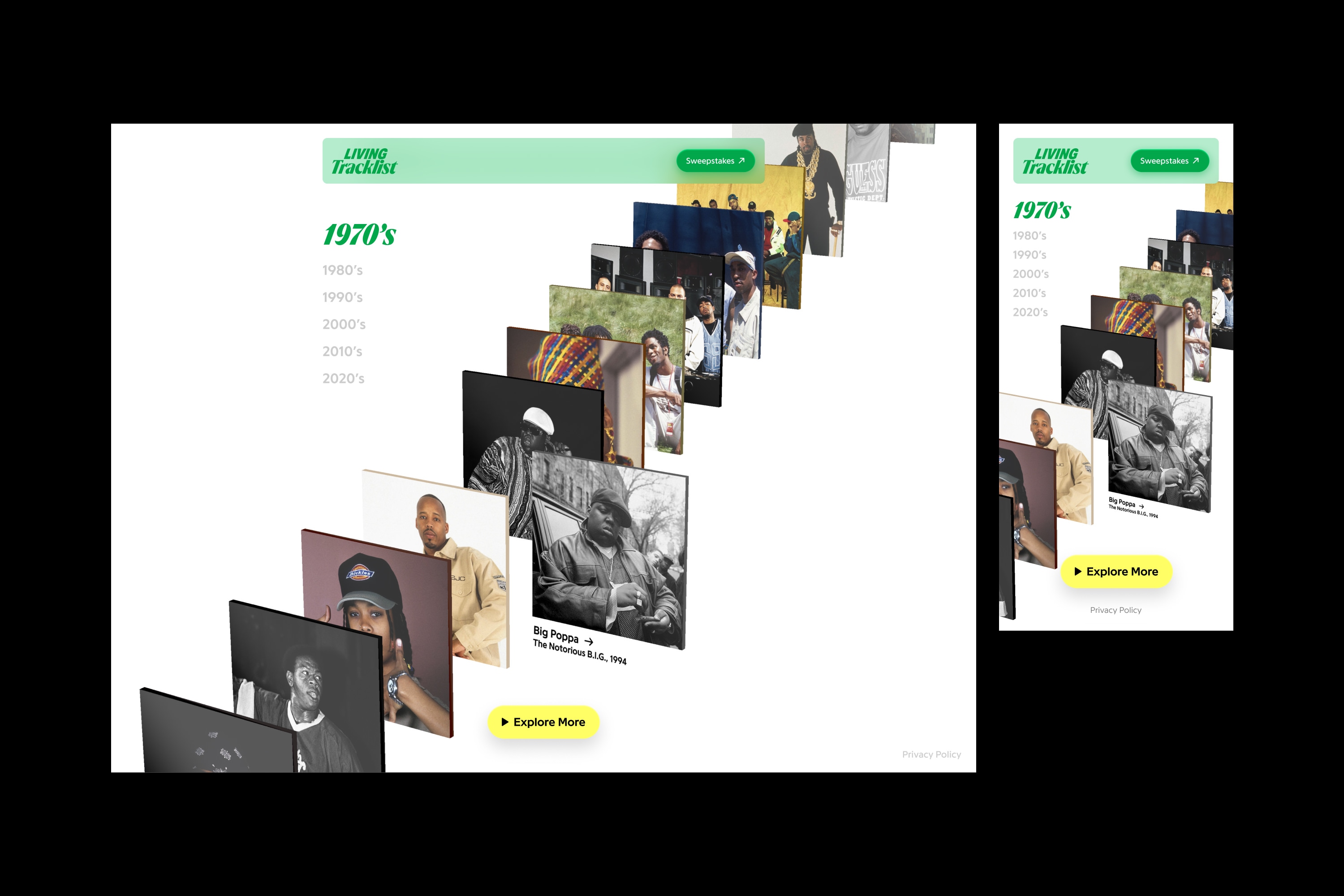 esktop and mobile responsive layouts for the Genius Sprite Living Tracklist campaign featuring an interactive, 3D cascading album art deck filtered by decade.