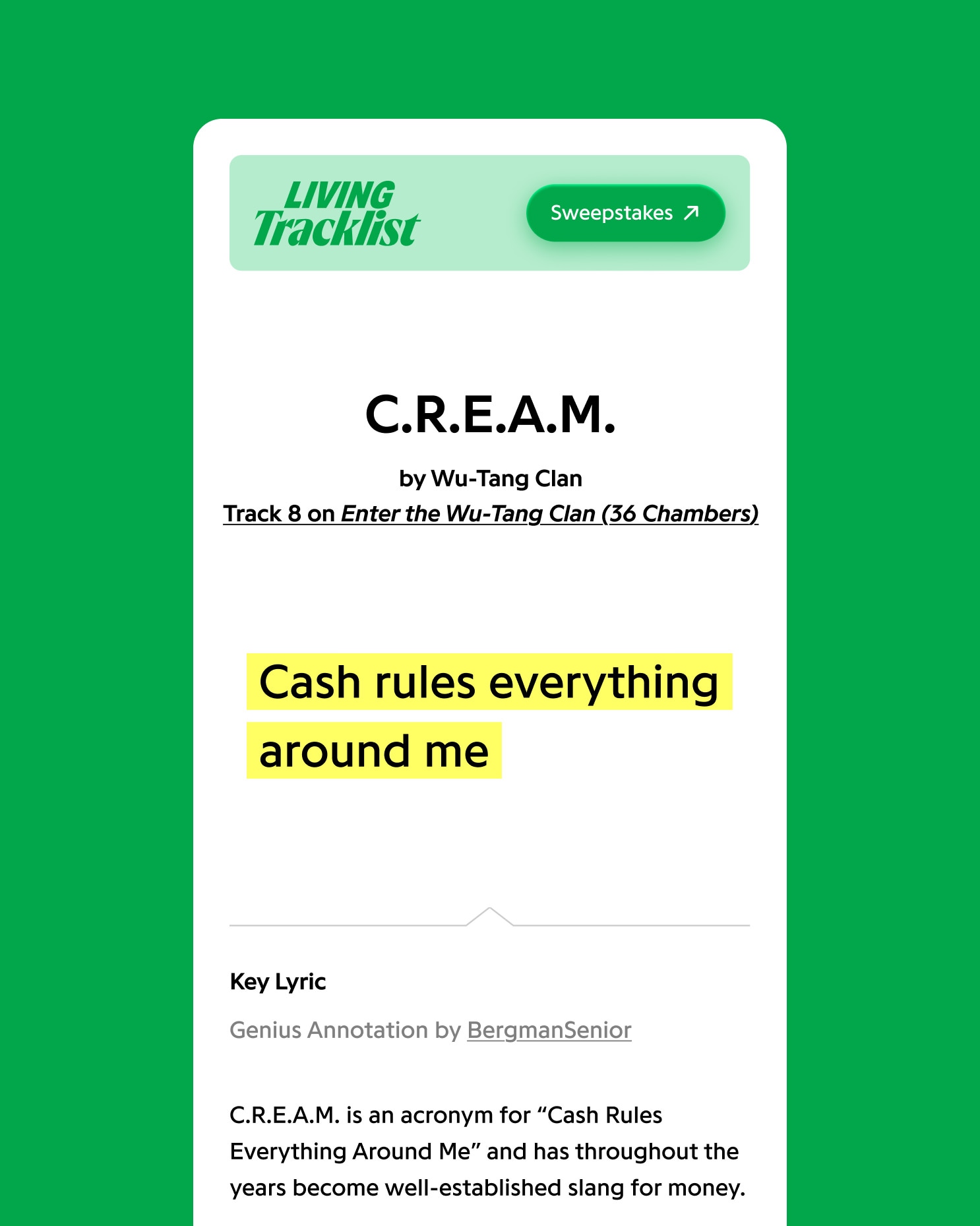 Mobile view displaying track details for "C.R.E.A.M. by Wu-Tang Clan" with highlighted lyrics "Cash rules everything around me" and Genius annotation notes below.