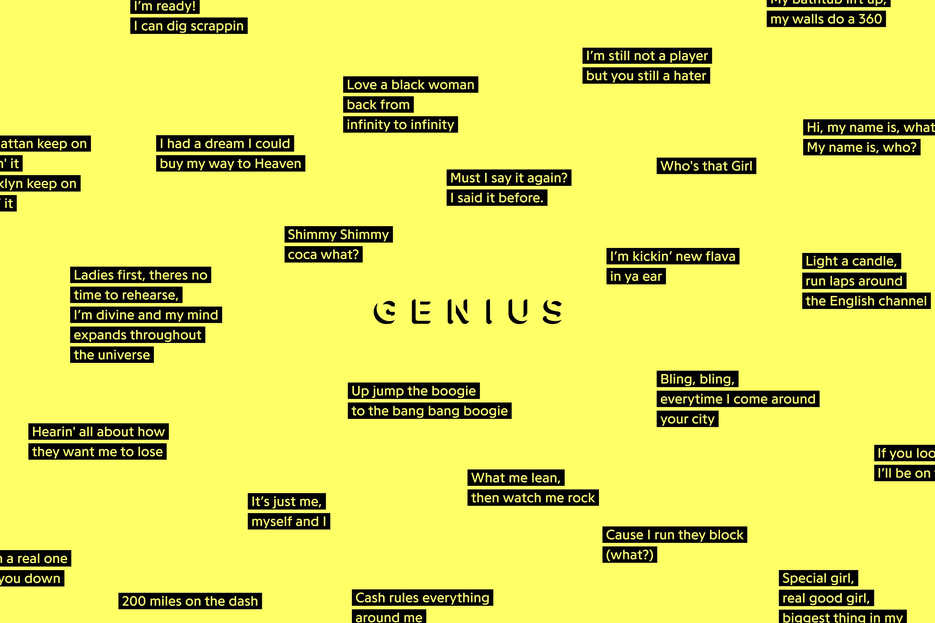 A vibrant yellow background covered in scattered, black text boxes containing famous hip-hop lyric quotes surrounding a central Genius logo.