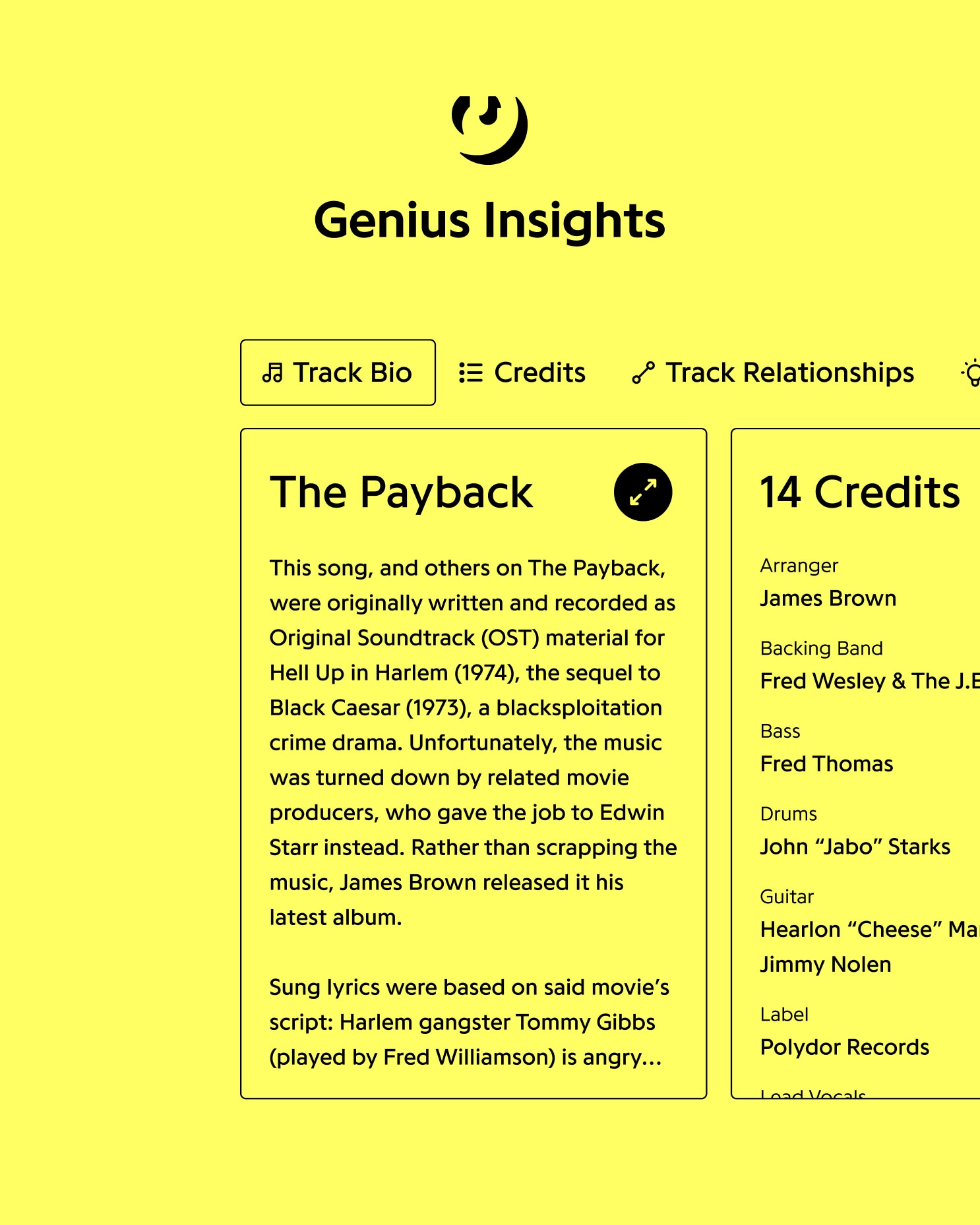 A bright yellow user interface card under "Genius Insights" detailing track history, bios, and production credits for James Brown's song "The Payback."