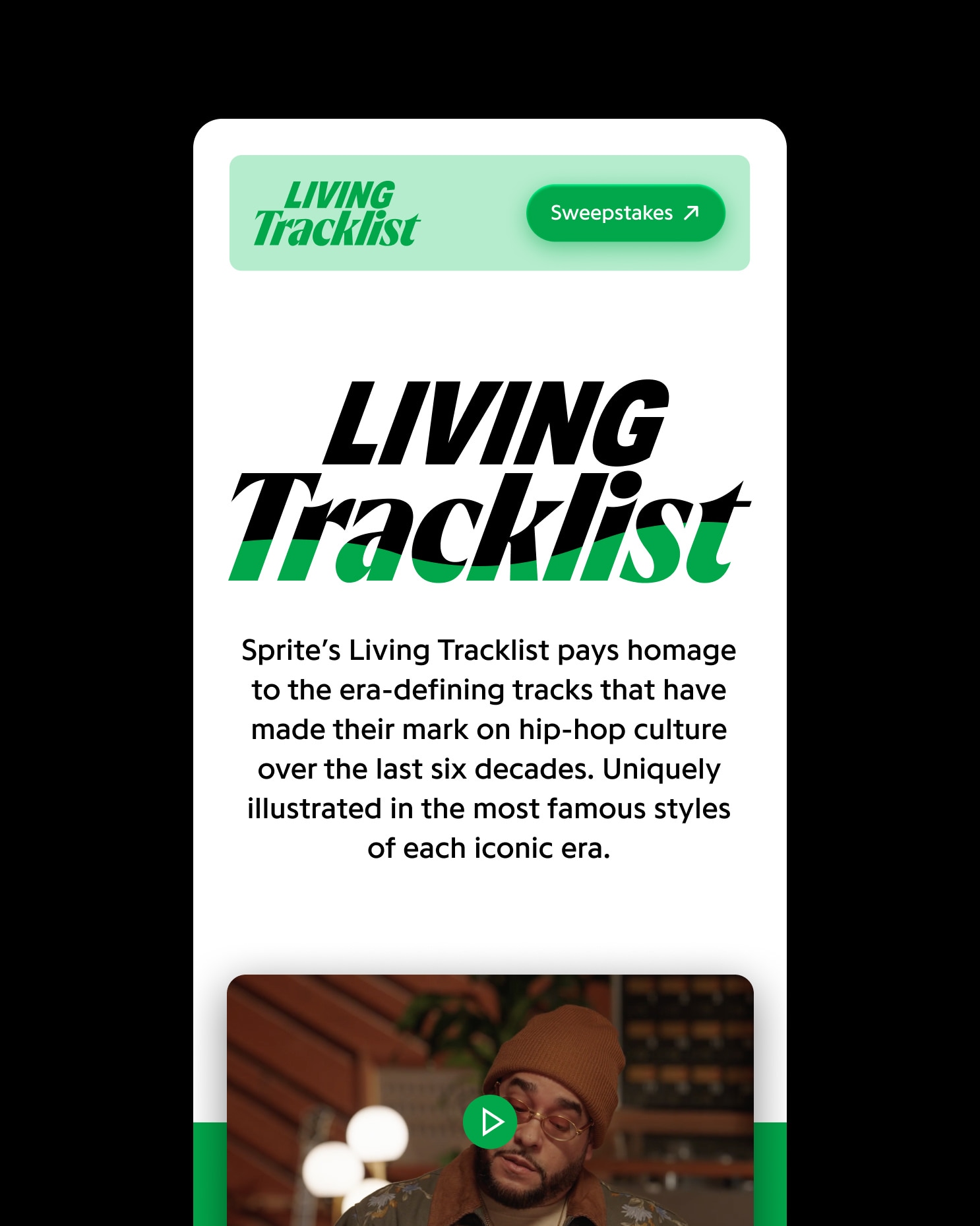 Mobile view of the Living Tracklist landing page showing the bold campaign title, a brief introductory paragraph about hip-hop history, and a video thumbnail preview.