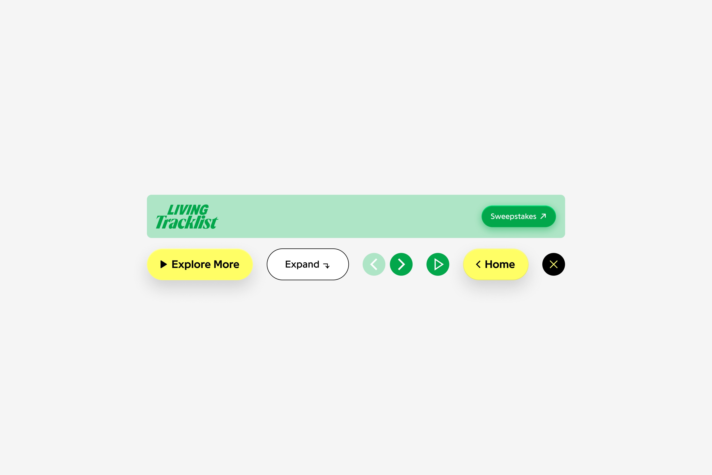 A collection of design system UI buttons including "Explore More," "Expand," navigation arrows, a "Home" button, and a close icon in yellow, green, and mint tones.