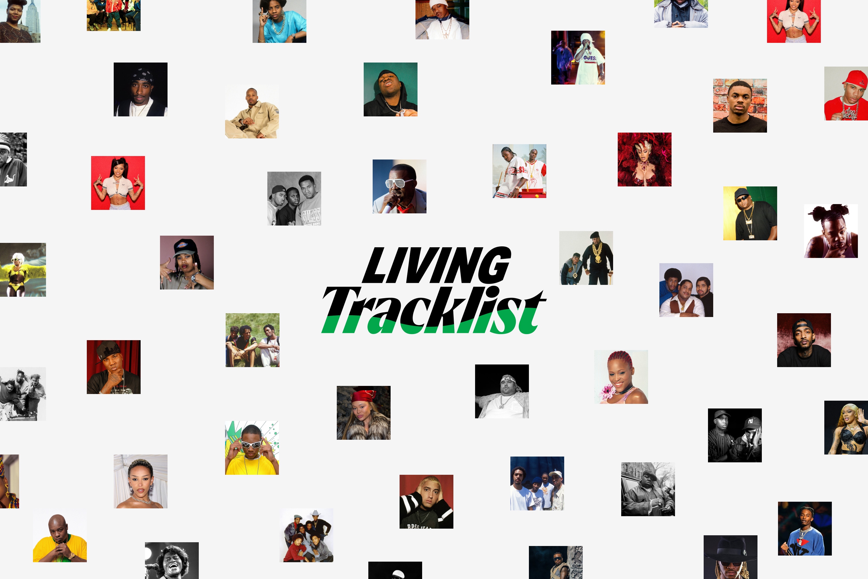 A central Living Tracklist logo surrounded by a dispersed grid collage of iconic hip-hop artist portraits across various eras.