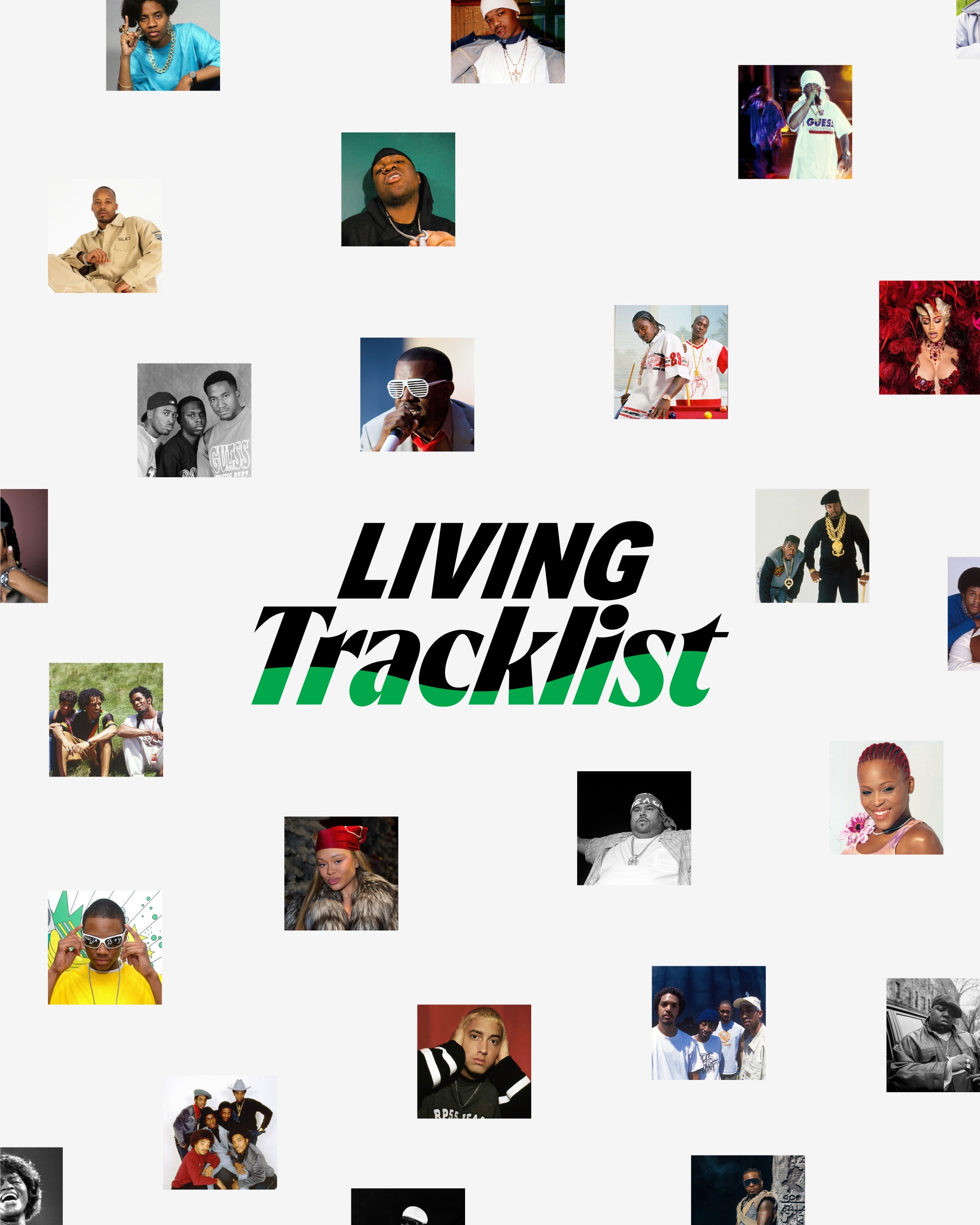 A central Living Tracklist logo styled in black and green typography surrounded by a floating collage grid of influential hip-hop artist portraits on an off-white background.