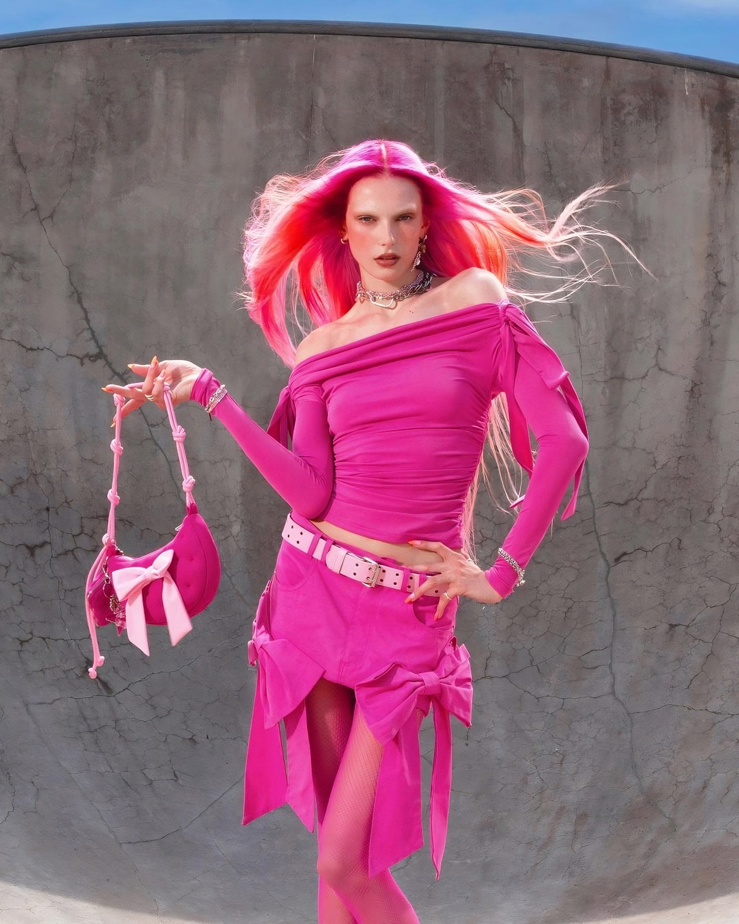 adult,female,person,woman,hair,pink hair,bag,handbag,face,necklace